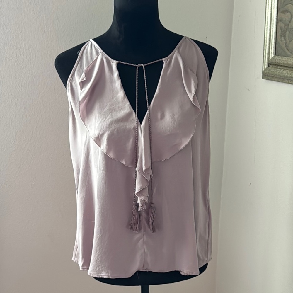 Joie Alipha Ruffle racer back sleeveless split collar tassel ties silk top Sz S